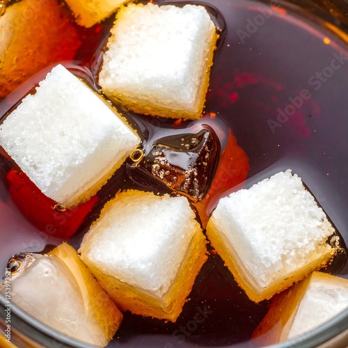 Close-up view of clear beverage filled with ice and sugar cubes