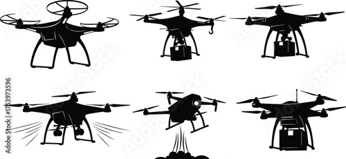 Drone silhouette illustrations with delivery, crop spraying, surveillance, propulsion effects, 