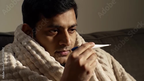 Concerned Young Man Wrapped in Cream Blanket Holding a Thermometer Indoors on a Brown Sofa in Natural Sunlight
