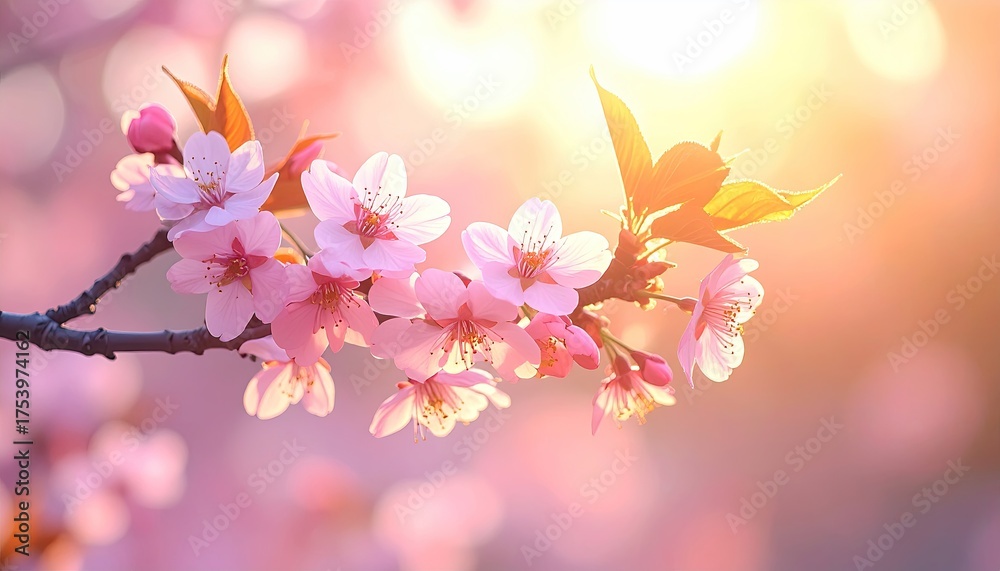 Obraz premium Soft Pink Cherry Blossoms Illuminated by Golden Sunlight in Spring