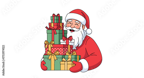 Fröhlicher Weihnachtsmann hält einen großen Stapel bunter Geschenke in den Armen.