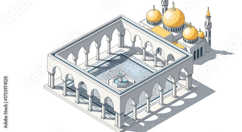 イスラム建築のイラスト：中庭のあるモスク、ドームとミナレットが特徴的な美しいデザイン.