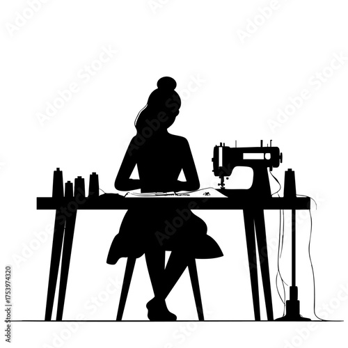 Silhouette of person sewing at table with machine and threads. Ideal for themes of tailoring, craftsmanship, fashion design, textile work, and creative industry.