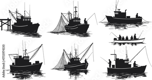Fishing boat, maritime silhouette, net casting, dock scene, ocean vessel, coastal life, angler activity, sea 