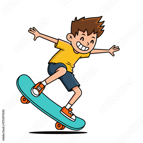 A cheerful cartoon boy with spiky brown hair is skateboarding and actively balancing on a turquoise skateboard.