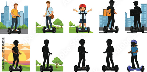 Hoverboard rider, urban mobility, silhouette design, delivery service, personal transport, park scene, 
