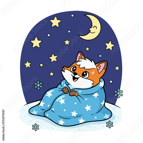 Cute fox wrapped in blanket gazing at stars on winter night  