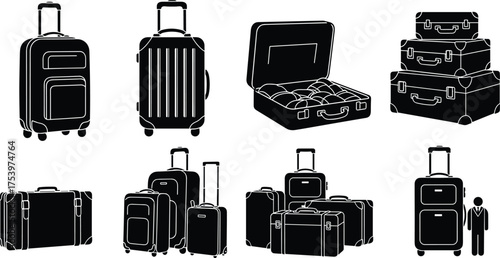 Luggage illustrations with suitcase stack, open packing, rolling bags, travel gear, telescopic handles, 