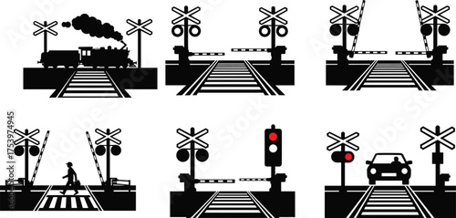 Railway crossing illustrations with steam train, pedestrian safety, car waiting, barrier signals, warning 