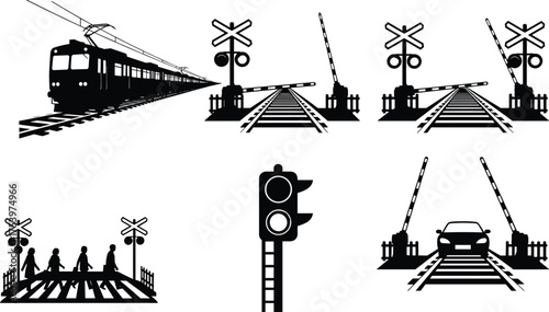Railway crossing illustrations with train, traffic light, pedestrian safety, barrier signals, car waiting, silhouette icons, transport control, public transit