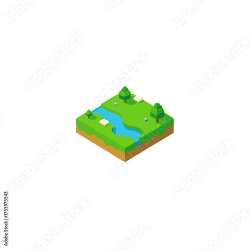Isometric view of a green land with river on transparent background