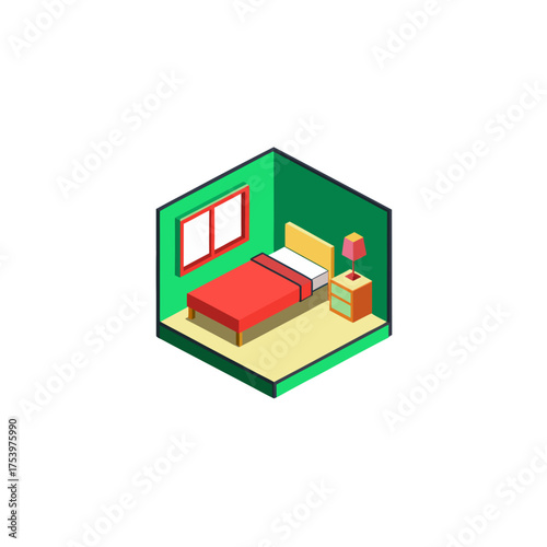 Isometric bedroom with bed and nightstand on transparent background