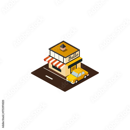 Isometric view of building and yellow car on transparent background