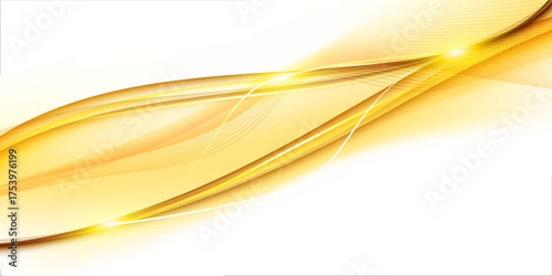 Golden silky fabric template background realistic vector illustration. Wavy shimmering yellow satin textile 3d color image upper view