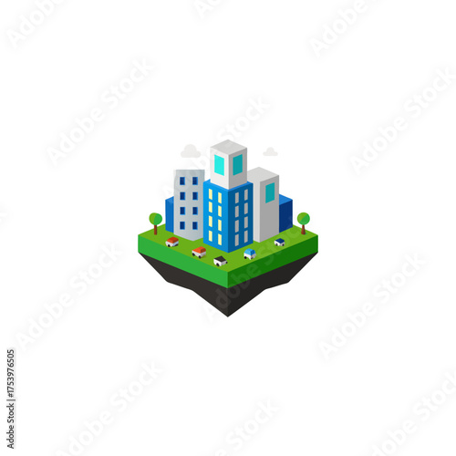 Isometric city on a floating island view on transparent background