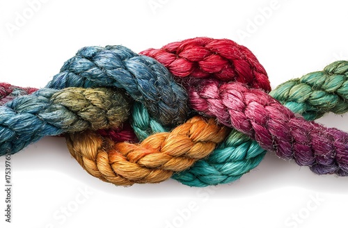 Colorful Braided Ropes in Knot on White Background