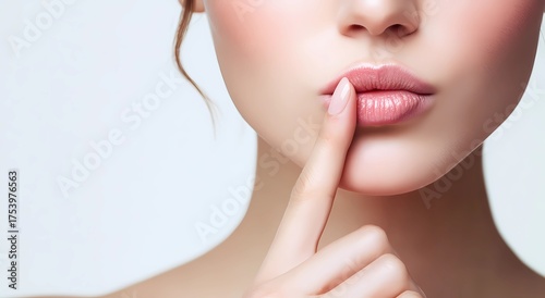 Beauty shot of a woman’s glossy lips with a finger gently placed in a “shh” hush gesture. Clean studio background, soft light and smooth skin texture