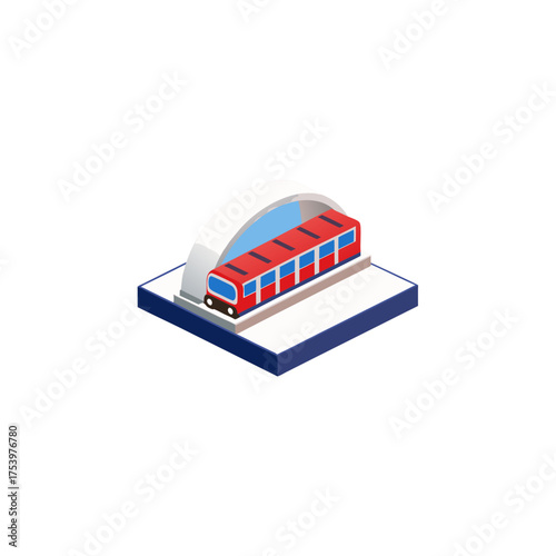 Isometric red train entering the tunnel art on transparent background