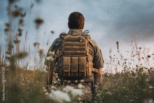 Back view of a man wearing a tan tactical backpack and outdoor clothing, kneeling in a wildflower meadow under a cloudy sky. Soft natural light and shallow depth of field.