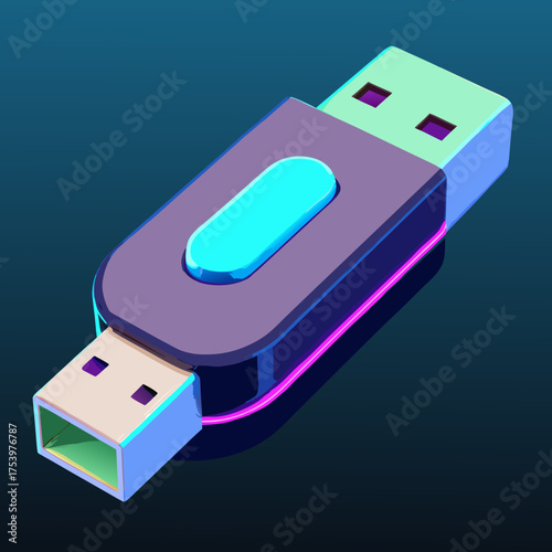 Digital USB Stick Rendering with Glowing Neon Accents