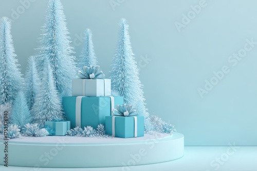 A 3D rendering of a festive Christmas podium background featuring a vibrant blue Christmas tree adorned with presents on top. The scene is perfect for holiday-themed designs and decorations.