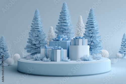 A festive 3D rendering of a blue Christmas tree adorned with colorful presents on a podium background, perfect for holiday-themed designs.