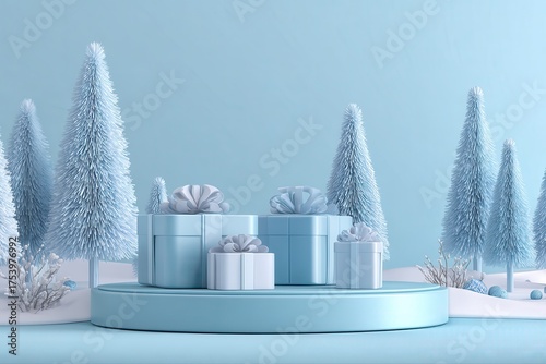 A 3D rendering of a festive Christmas podium background featuring a vibrant blue Christmas tree surrounded by white presents, creating a cheerful and colorful holiday atmosphere.