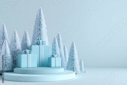 A 3D rendering of a blue Christmas tree with presents on top, set on a festive podium background. The scene is perfect for holiday-themed designs and decorations.