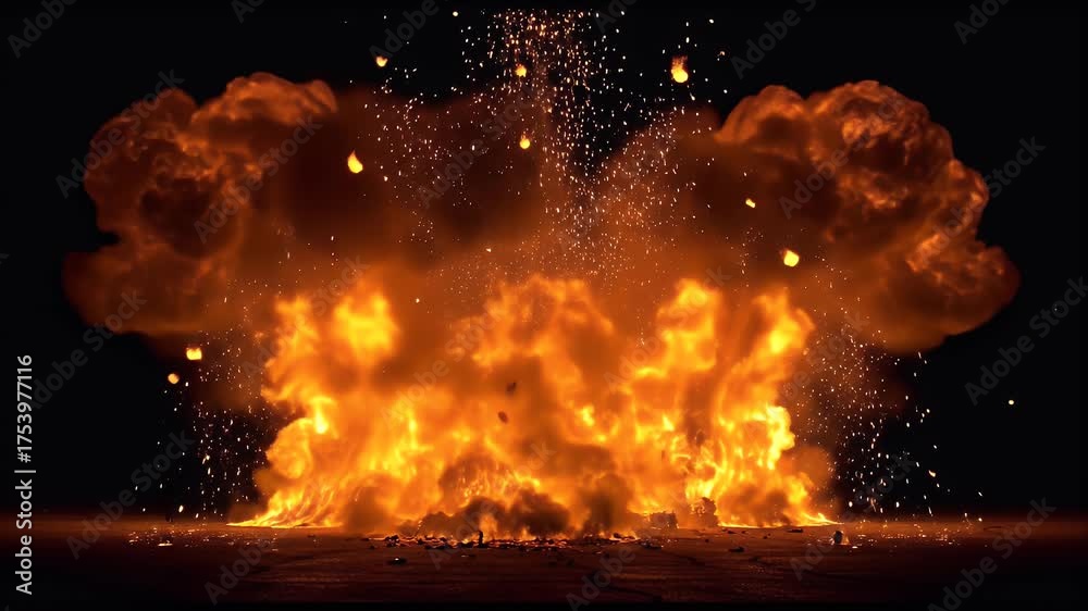 Explosion realistic fire ball with sparks on black background
