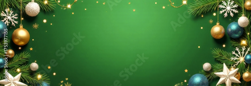 A Christmas card banner with a green empty space in the center and Christmas decorations around the edges. a greeting card or an invitation.