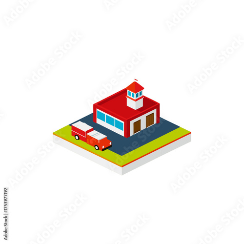 Isometric fire station with a fire truck on transparent background