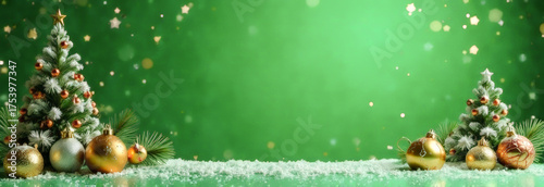 A Christmas card banner with a green empty space in the center and Christmas decorations around the edges. a greeting card or an invitation.