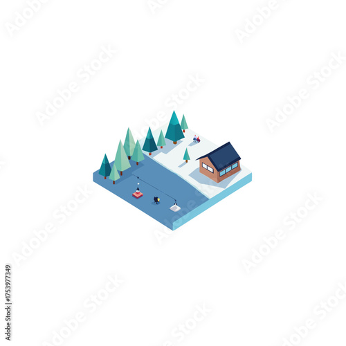 Isometric winter scene with cabin and river on transparent background