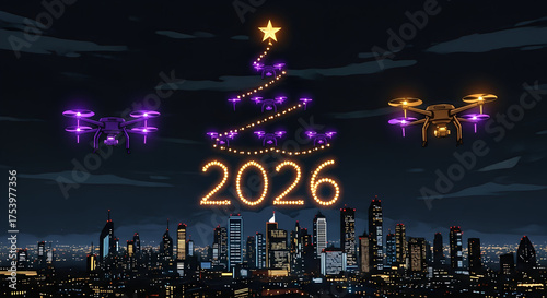 Drone Light Show Forming 2026 Christmas Tree Over City Skyline at Night