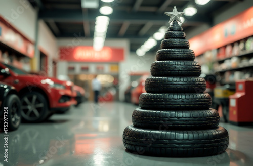 Christmas tree made of car tires on a blurry background with yellow lights. Christmas greeting card from a car repair shop. free space for text	