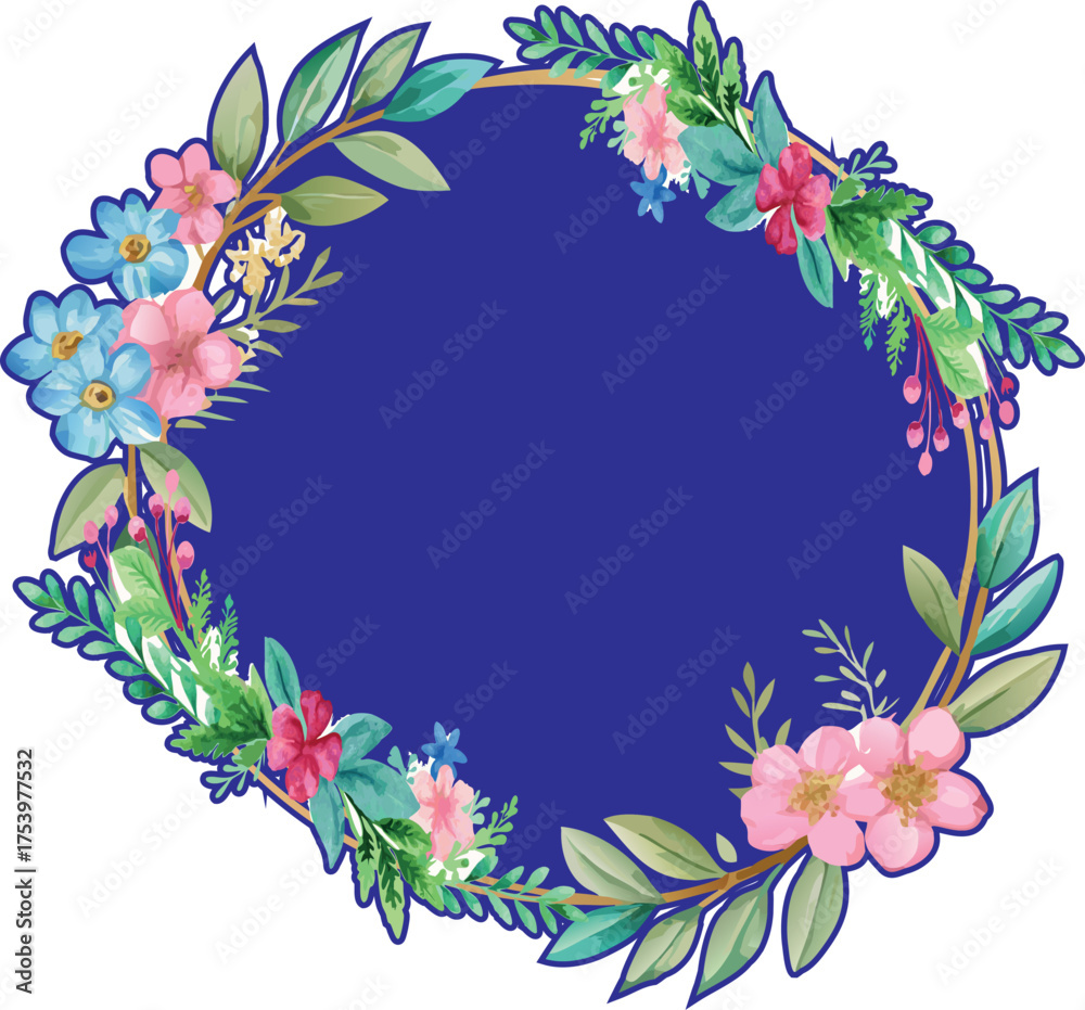 Fototapeta premium Watercolor Wildflower Wreath with a Gold Frame on a Dark Blue Background