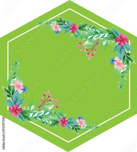 Floral Hexagon Frame with Green Background
Watercolor Floral Border on Green Hexagon