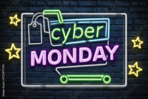 A vibrant neon sign with the words 'Cyber Monday' in purple and green colors, displayed on a brick wall background.
