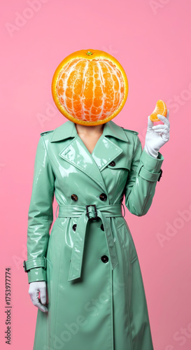 Surreal fashion concept of a woman in a vinyl trench coat with a tangerine head on a pink background