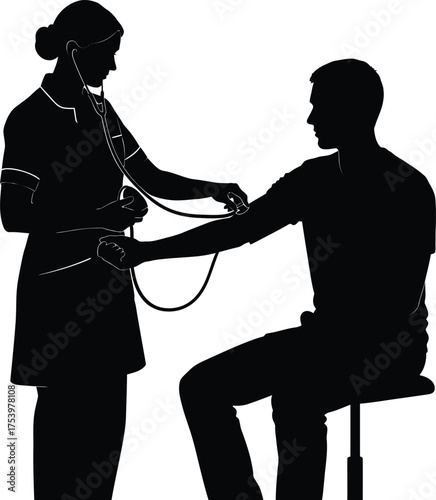 Nurse checking patient blood pressure with stethoscope silhouette vector graphic