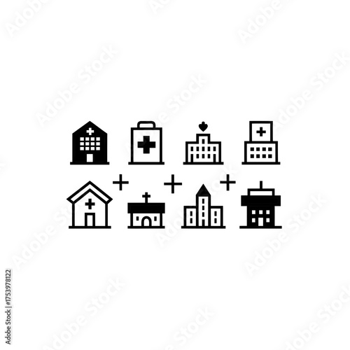 Buildings and crosses in a simple design on transparent background