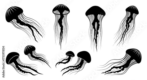 Jellyfish silhouettes set isolated on white background vector illustration