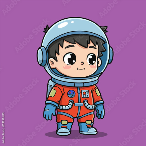A cute cartoon boy with a big head is standing and smiling while wearing a detailed orange astronaut spacesuit and helmet.
