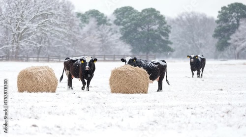 Cattle in a snowy winter field with hay bales and frosted trees in the background, depicting a serene rural farm scene.