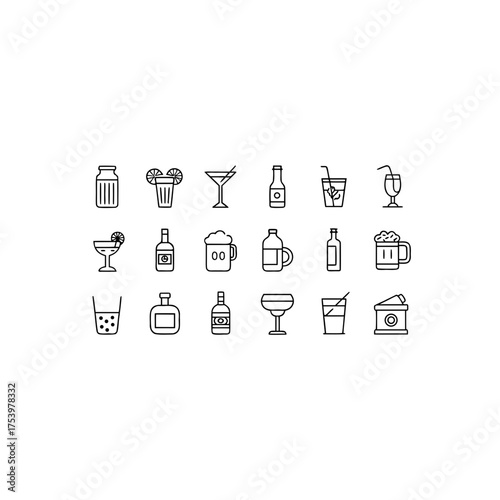 Outline icons of various drinks and bottles on transparent background