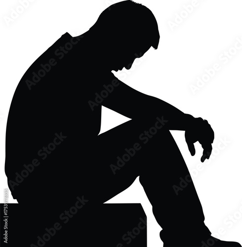 Pensive Man Sitting Silhouette Vector Black and White Isolated