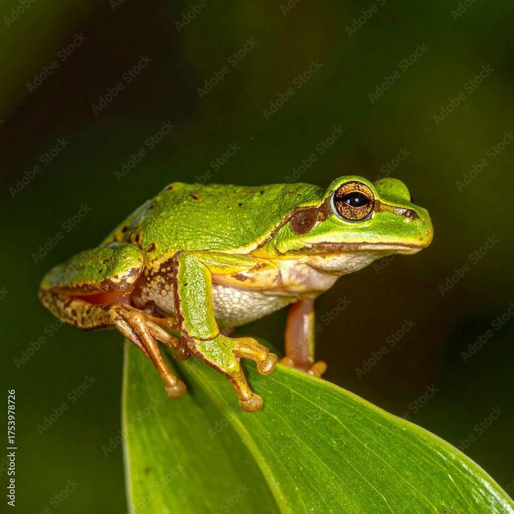 Naklejka premium A vibrant green amphibian perched on a large, leafy green plant