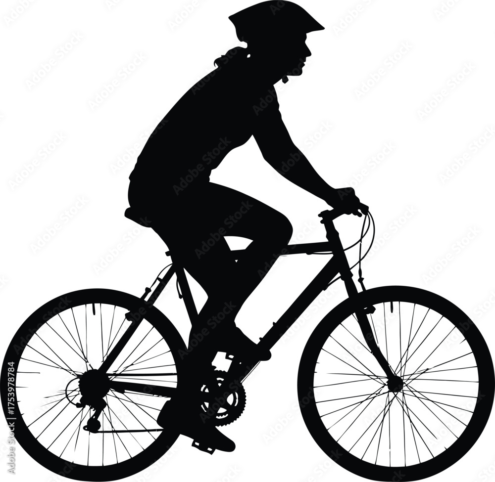 Fototapeta premium Black silhouette vector illustration of a person riding a bicycle with a helmet side profile on a white background, concept of sport and healthy lifestyle