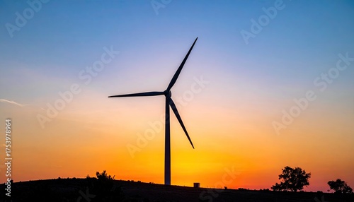 A lone wind turbine stands silhouetted against a vibrant orange and blue sunset sky casting a warm glow over a serene landscape with rolling hills and distant trees.