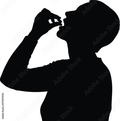 Silhouette of a person taking a pill or medicine, depicted in a stark black and white graphic style, side profile view